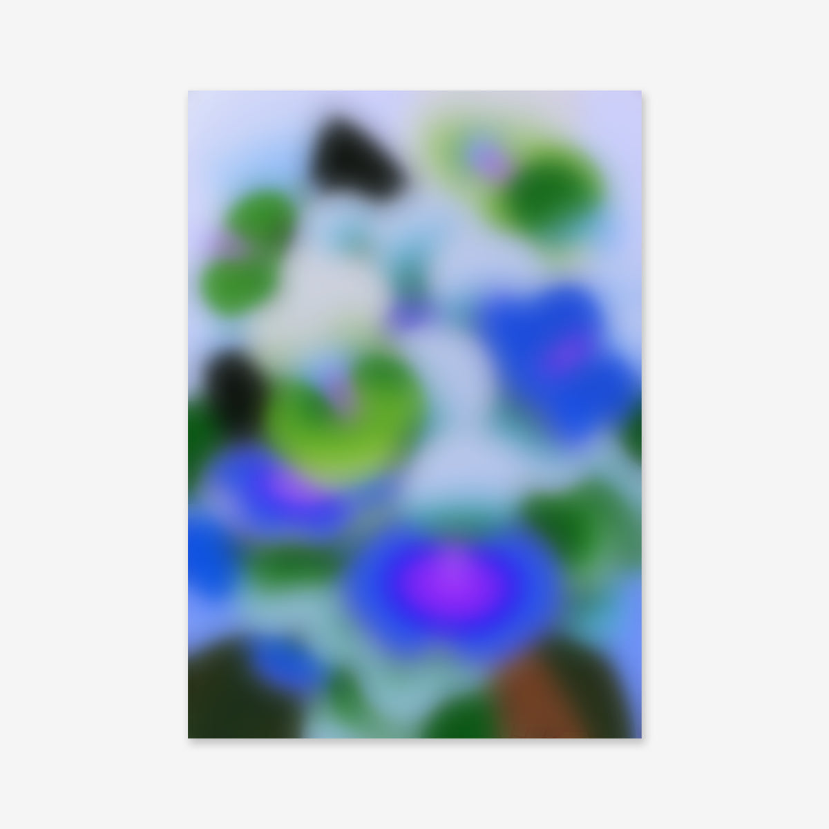 Blurry flowers No. 5 showcases vibrant blue, purple, and green circular shapes on a light background—an abstract floral design ideal as a giclée art print on archival paper for modern interiors.