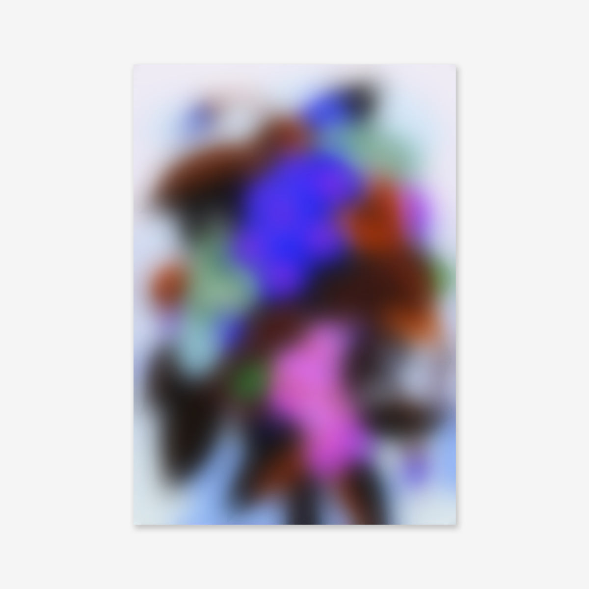 Blurry flowers No. 6 features a vibrant blend of blue, purple, pink, brown, green, and black on a light background. This abstract giclée art print adds a modern touch to any interior with its softly blended colors.