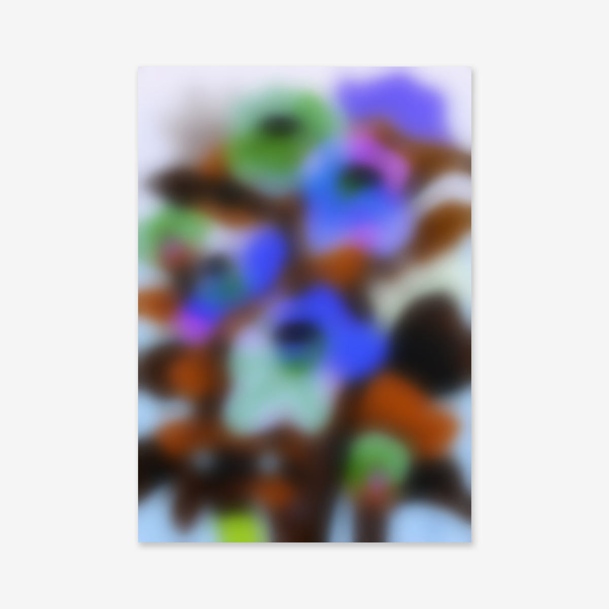 Blurry flowers No. 7 features blurred blue, green, and purple floral shapes with brown and black accents on a pale background—an ideal giclée art print to elevate any modern interior.