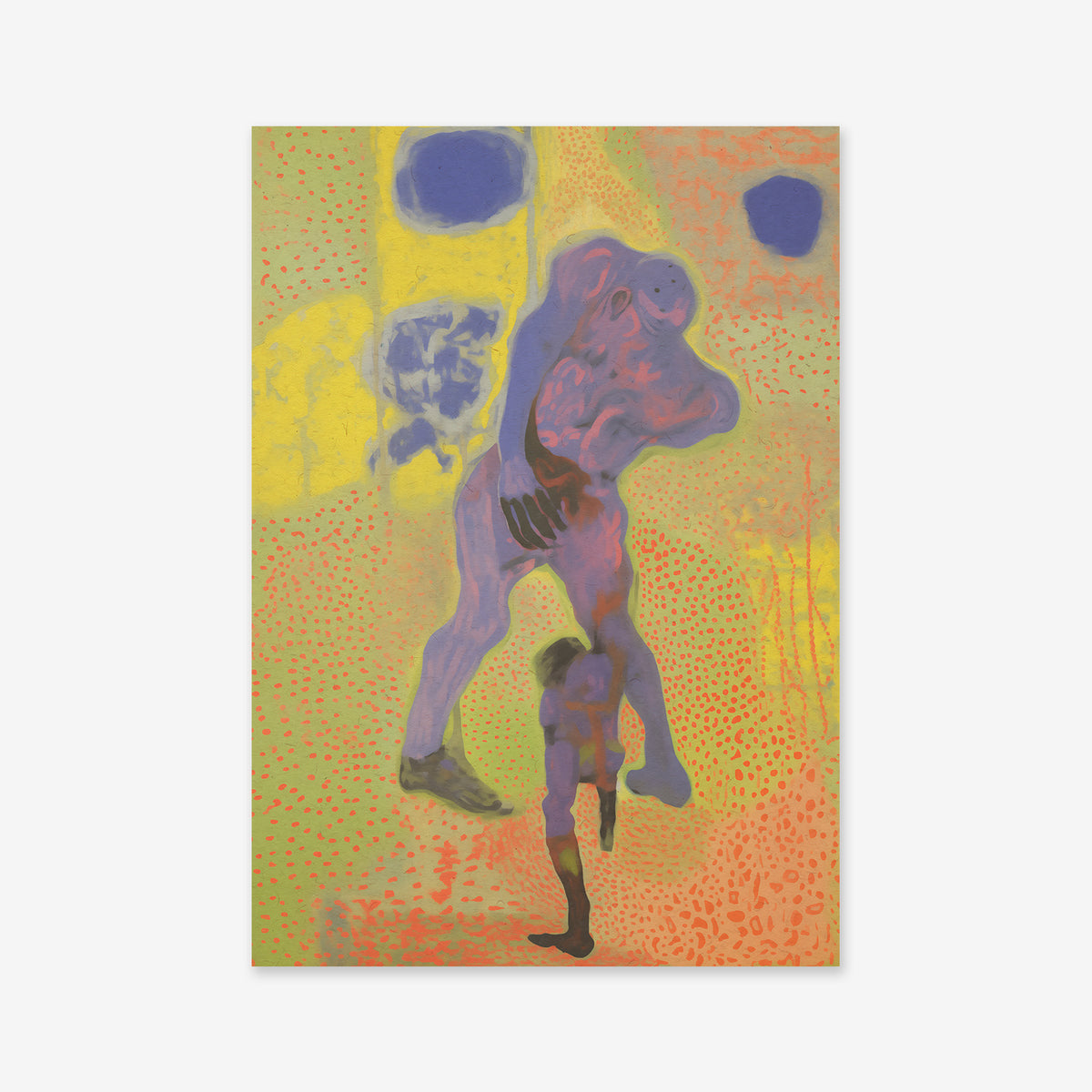Body works No. 2 is an abstract giclée art print featuring two blue and purple human-like figures—one lifting the other—against a surreal background of yellow, green, and orange dot patterns with blue shapes, perfect for modern interiors.