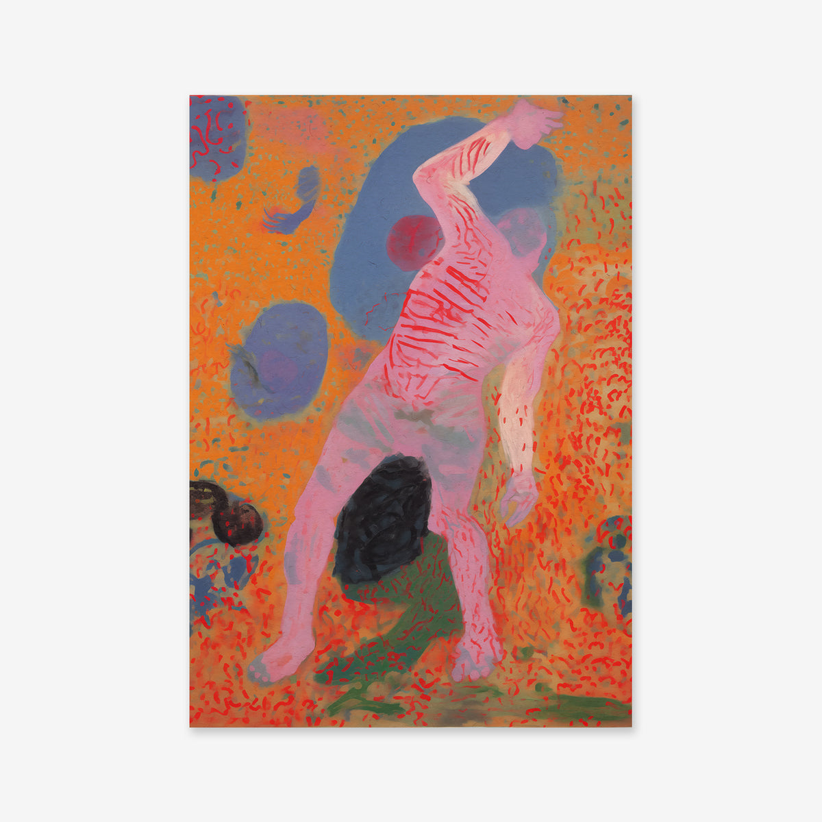Body works No. 4 is an abstract giclée art print featuring a pink human-like figure bent backward against an orange, green, and blue textured background with swirling shapes—ideal for modern interior decor. The figure’s dark head and arm are looking downward.