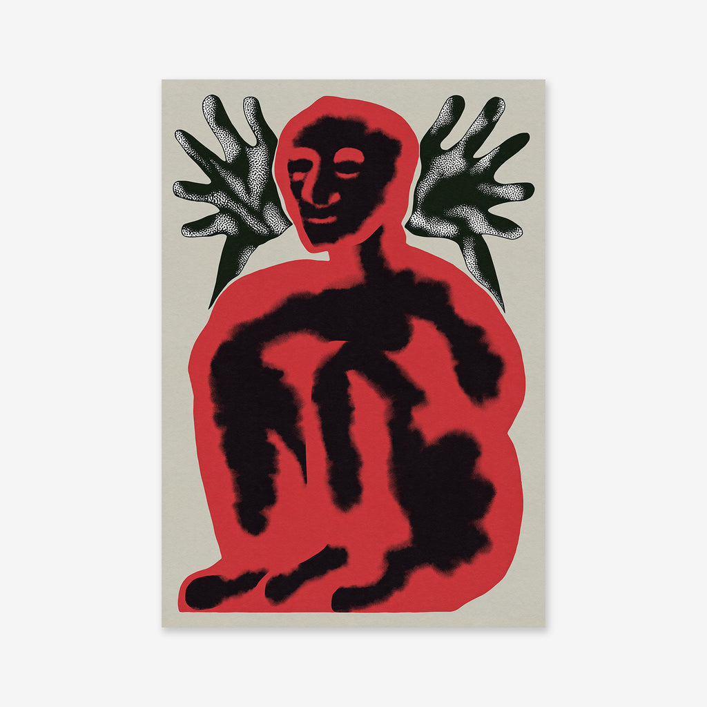 Boogey man features a red, abstract human figure outlined in bold black, seated with knees up. Behind, two textured black-and-white hand shapes extend like wings—ideal as a Giclée art print for modern interiors.