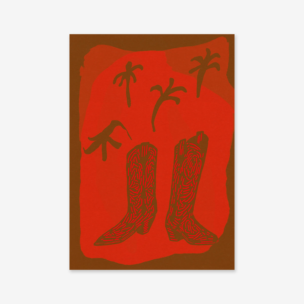 Boots in the Wild is a giclée art print featuring a minimalist brown outline of cowboy boots and three palm trees on a bold red background with an irregular border—perfect for adding modern style to your space.