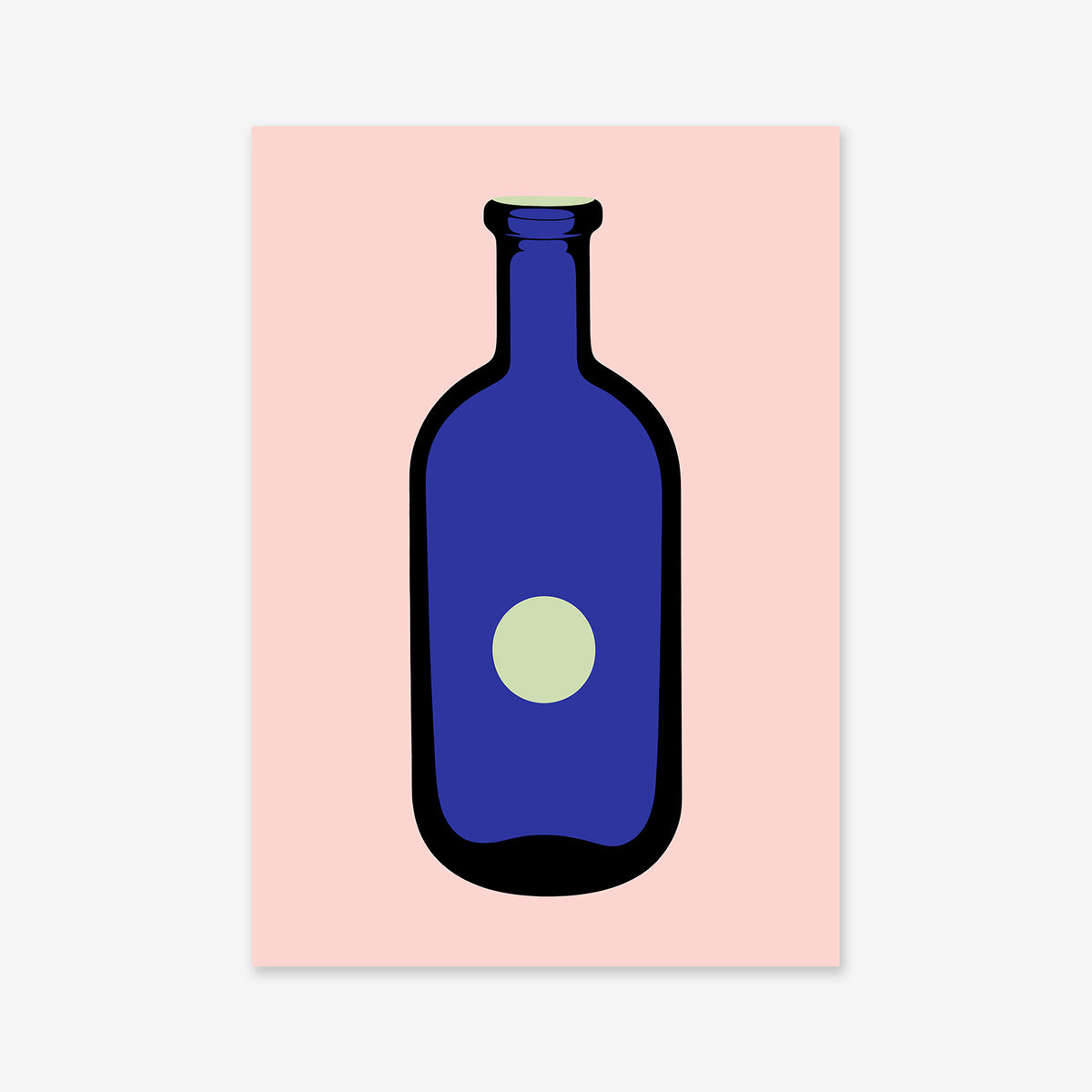 Bottle it: A minimalist illustration of a dark blue bottle with a light green circle, set on a pale pink background. Ideal as a giclée art print to enhance modern interior decor.