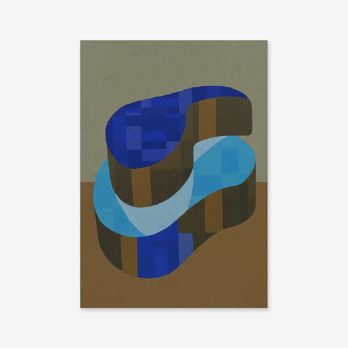 Boxy bird—an abstract geometric artwork with interlocking ribbon-like blue and brown forms on a divided gray and tan background. This striking Giclée art print is perfect for modern interior decor.