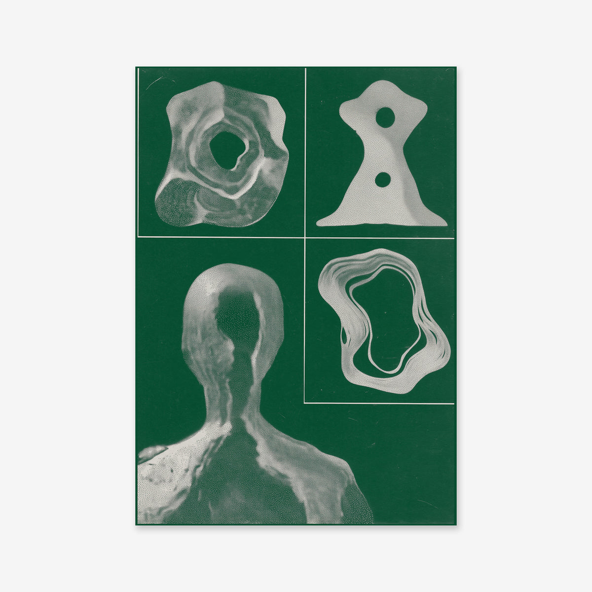 Brain rot No. 1 features abstract art on a green background with three organic white shapes and a textured, faceless human figure—ideal as a Giclée art print for any modern interior.