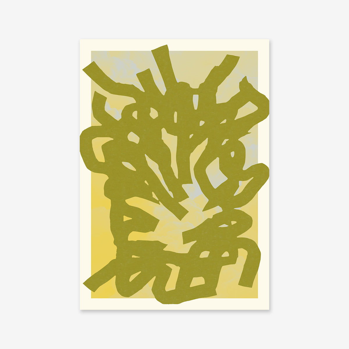 Branches" giclée art print showcases thick, olive-green, ribbon-like forms intertwining on a soft yellow and pale blue background with a white border—an elegant addition to elevate any modern interior.