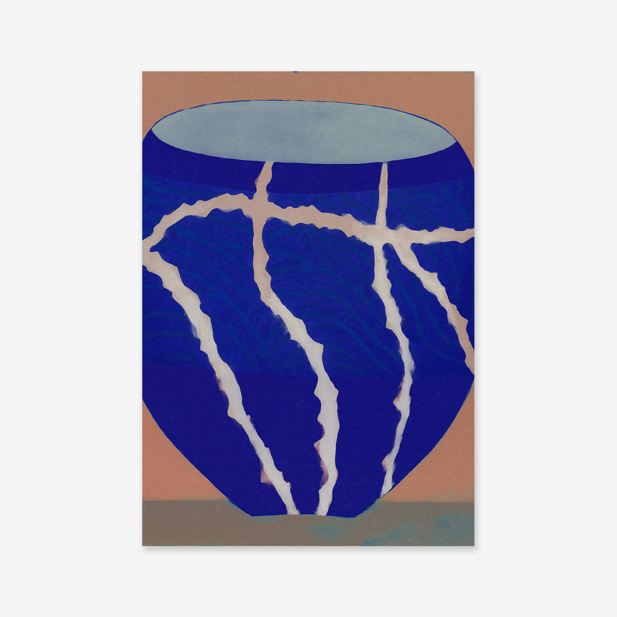 Breaking vase No. 1 features a blue ceramic vase with white zigzag lines, set against a muted pink and beige background—an ideal Giclée art print to enhance any modern interior.