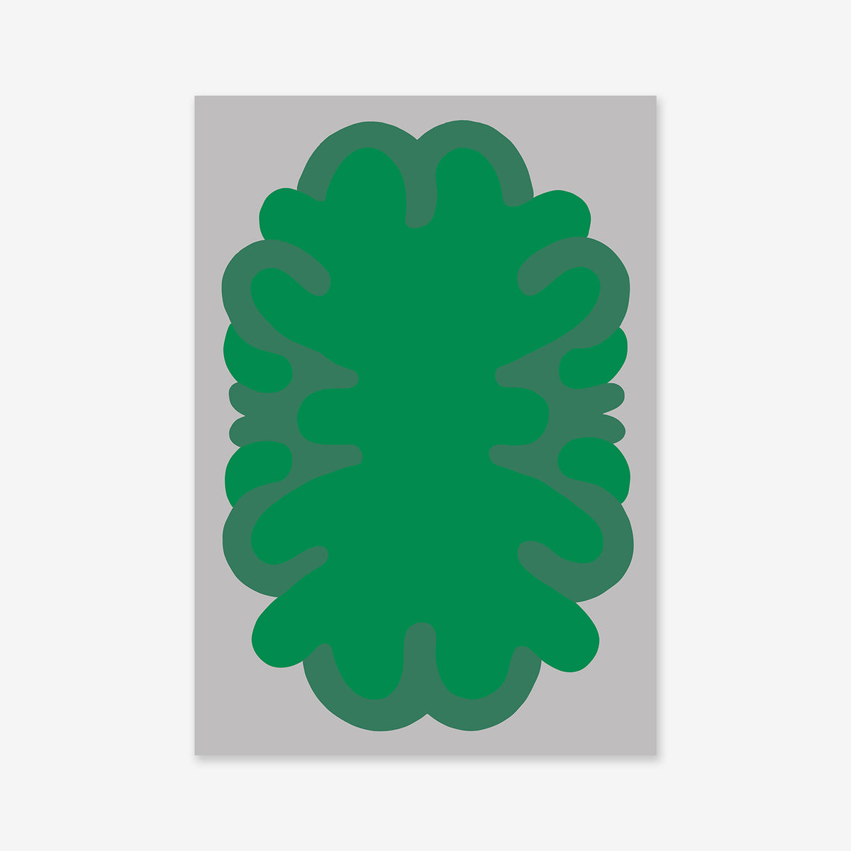 Buggy bug No. 1 is a minimalist illustration of an abstract green organic shape with wavy edges on a light gray background, ideal as a giclée art print to enhance your modern interior.