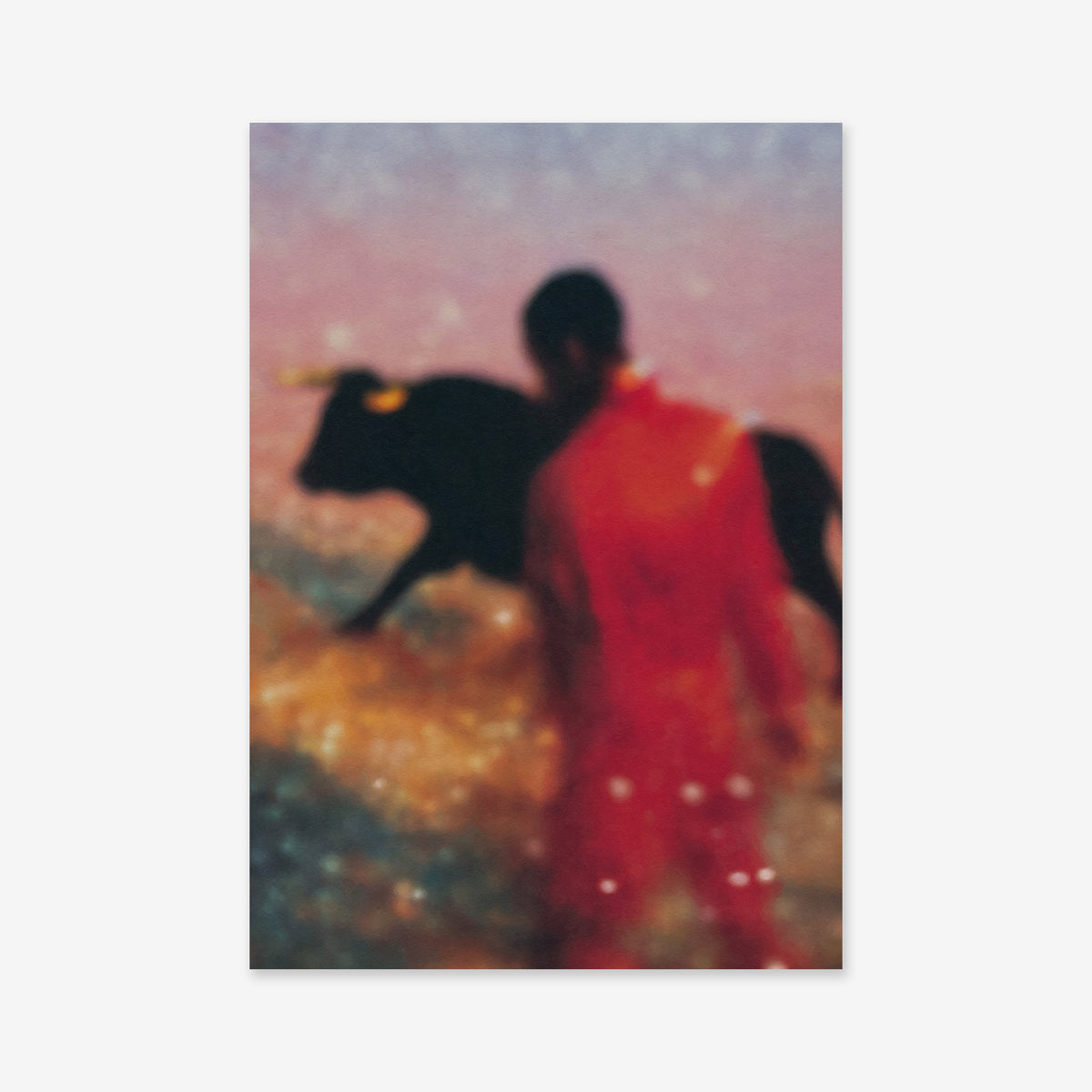 Man vs bull" features a blurry, abstract figure in red beside a black bull with golden horns against a dreamy backdrop—ideal as a giclée art print to elevate any modern interior.