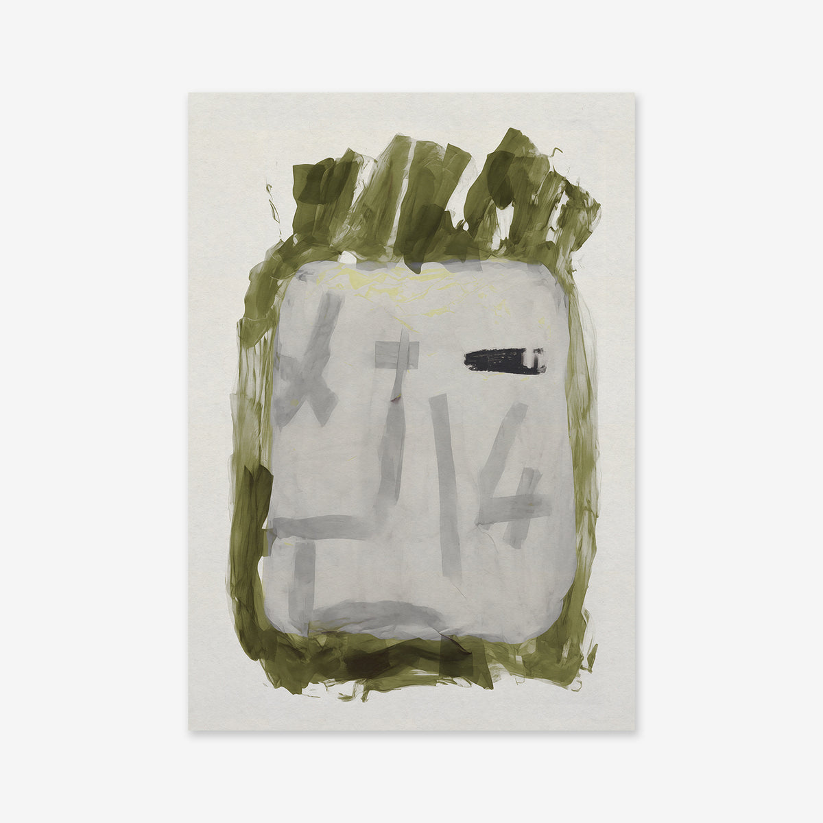 “Burning bag No. 4” is a Giclée art print showcasing a large gray rectangle bordered by olive green brushstrokes and faint gray lines with the number “14.” Printed on archival paper with an off-white background—perfect for modern interiors.