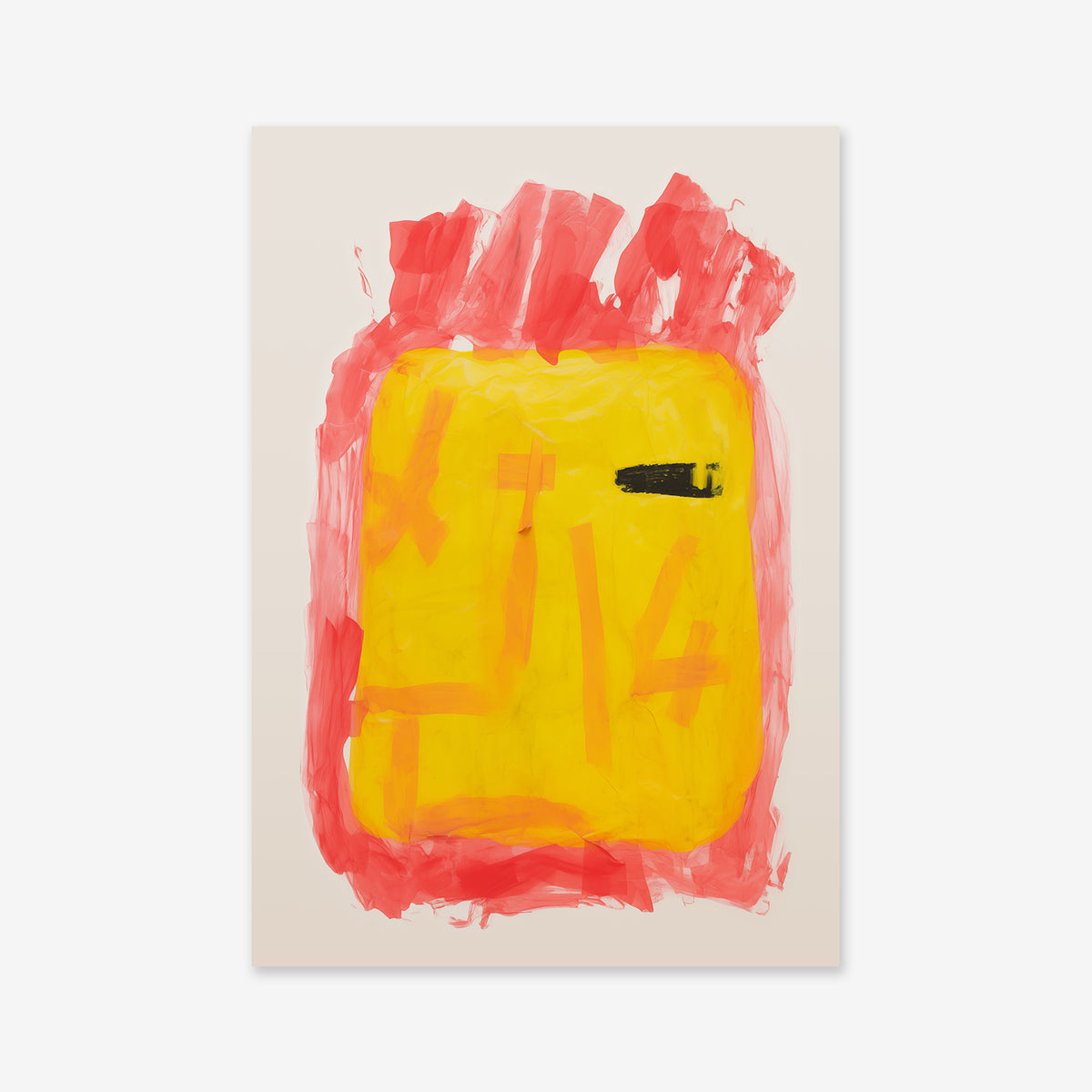 “Burning bag No. 1” is an abstract painting featuring a large yellow square, orange lines, bold red brushstrokes, and a small black mark on white—an ideal Giclée art print for modern interior decor.