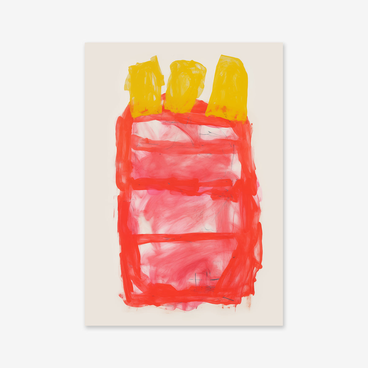 “Burning bag No. 2” is a playful Giclée art print featuring a red rectangle with three yellow blocks atop, evoking French fries. Printed on matte archival paper, it’s an expressive piece ideal for modern decor.