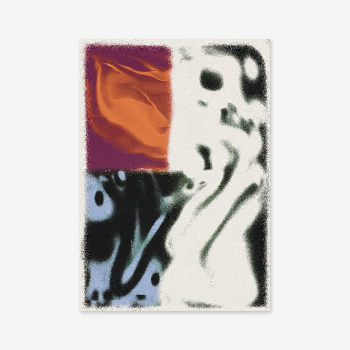 “Burning Waters” is a giclée art print on archival paper, featuring a red-orange rectangle, purple block, and swirling black, white, and teal forms—a painterly abstract piece ideal for elevating modern interiors.