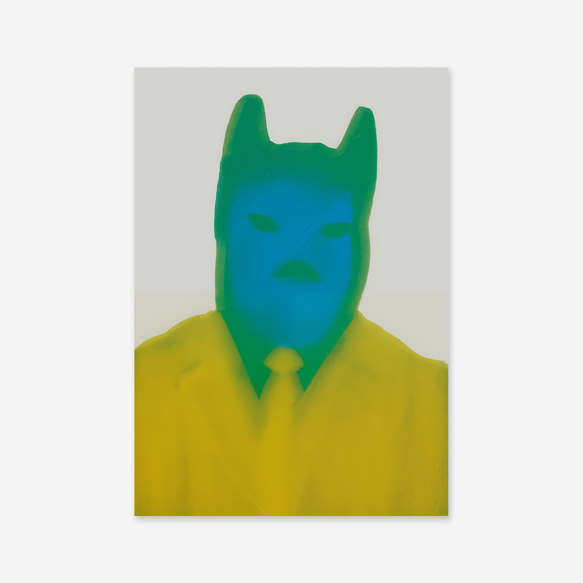 Business bat features a stylized figure in a suit and tie with a bat-eared mask, rendered in blue and yellow with soft, blurred edges—ideal as a giclée art print on archival paper for contemporary interiors.