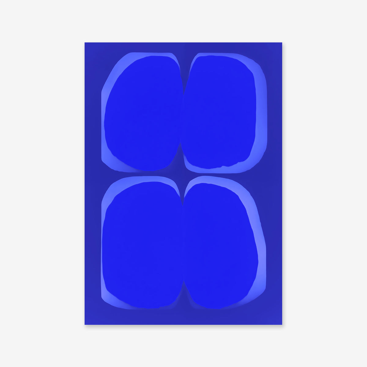 “Buttcheeks” is a minimalist abstract Giclée art print showing four rounded blue shapes in a grid on a vibrant blue background, with soft edges and subtle shading—ideal for modern interiors.