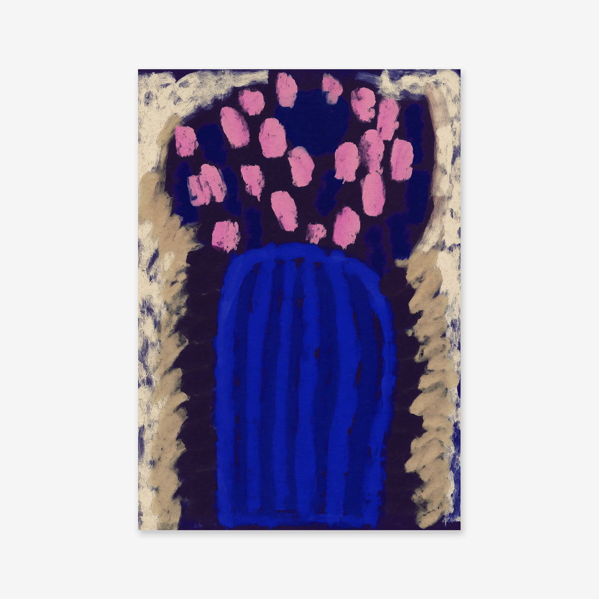 Cactus in the night No. 2 features a bold, abstract painting of a blue vase with pink flowers and green stems set on a dark purple and beige background—ideal as a giclée art print to enhance any modern space.