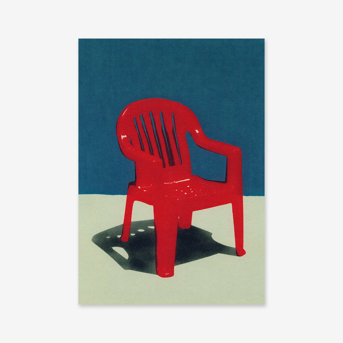 A bright red Camping chair casts a distinct shadow on a light surface against a solid blue background. This minimalist Giclée art print with bold contrasts and simple geometry is perfect for any modern interior.