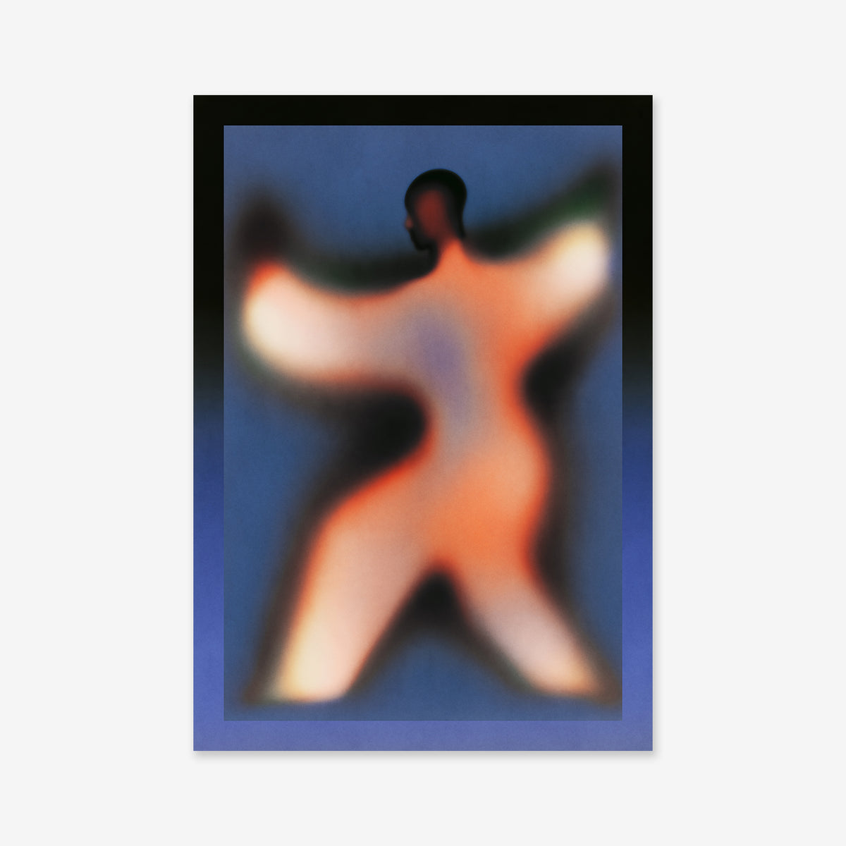 A blurred, abstract figure with outstretched limbs energizes a gradient blue-black background—Caught is the perfect Giclée art print to elevate any modern interior.