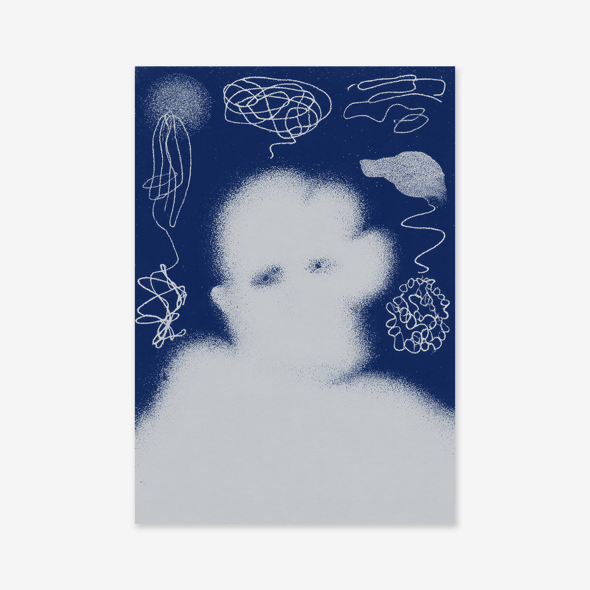“Caught in distress”—a striking giclée art print featuring a blurry white figure on a dark blue backdrop with scribble-like shapes, printed on matte archival paper; perfect for modern interior décor.