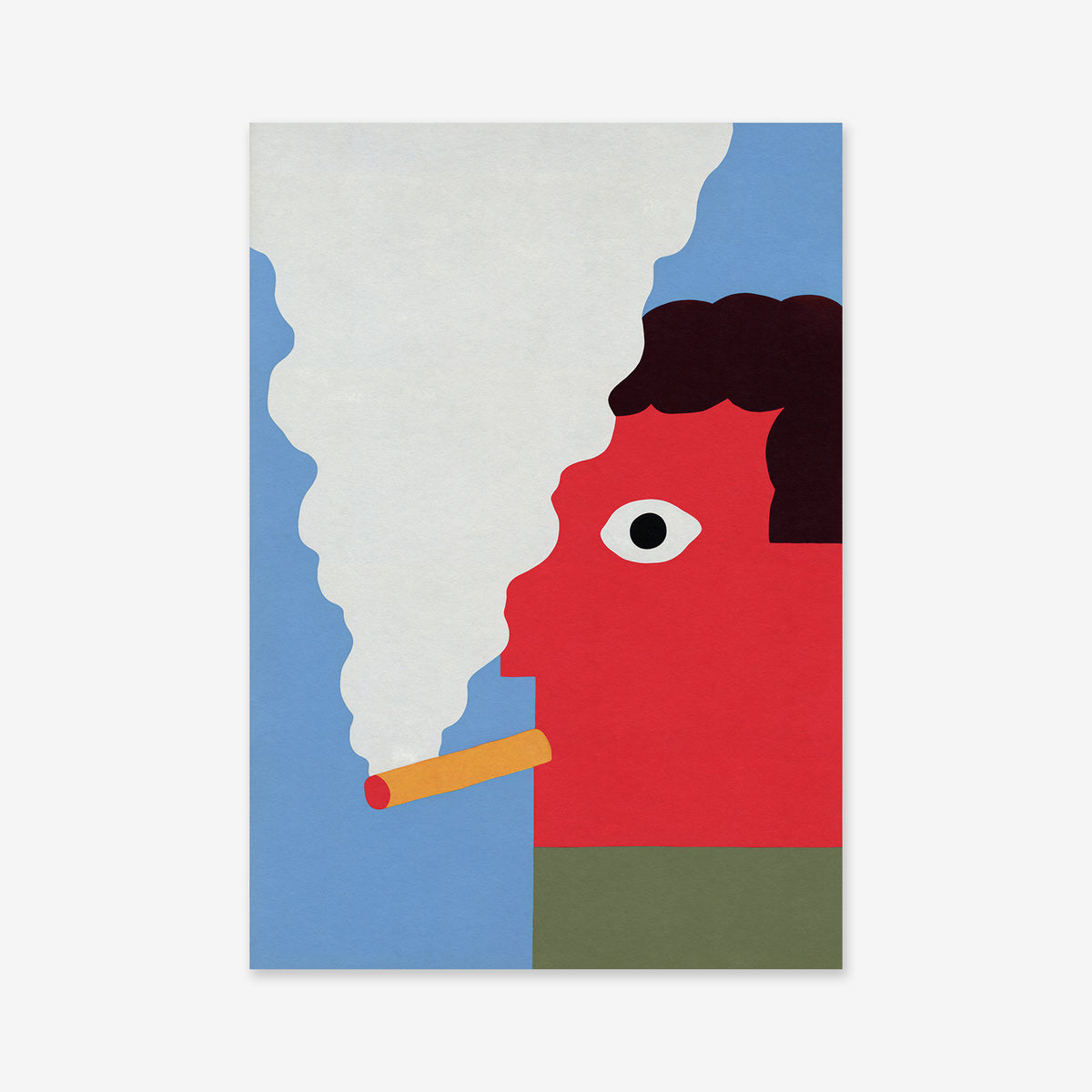 Caught Smoking: A minimalist art print featuring a red-faced figure with dark hair, smoking against a blue backdrop. Ideal as a giclée print to elevate any modern interior.