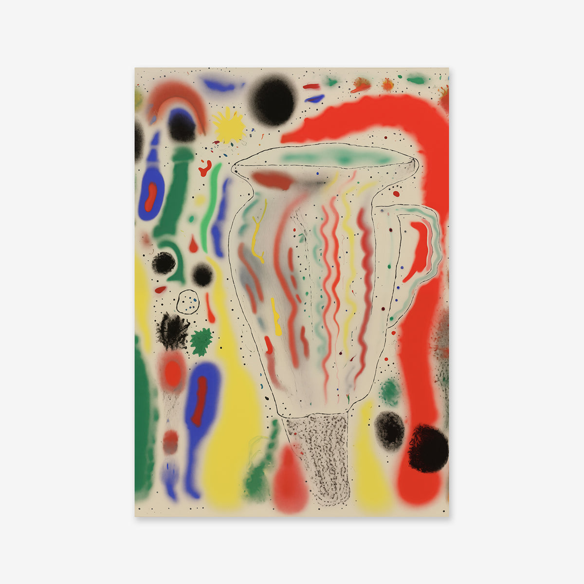 “Celebration” is an abstract giclée art print featuring a cup surrounded by colorful, wavy lines and dots. Bold splashes of red, yellow, green, blue, and black create a vibrant backdrop—ideal for energizing any modern interior.