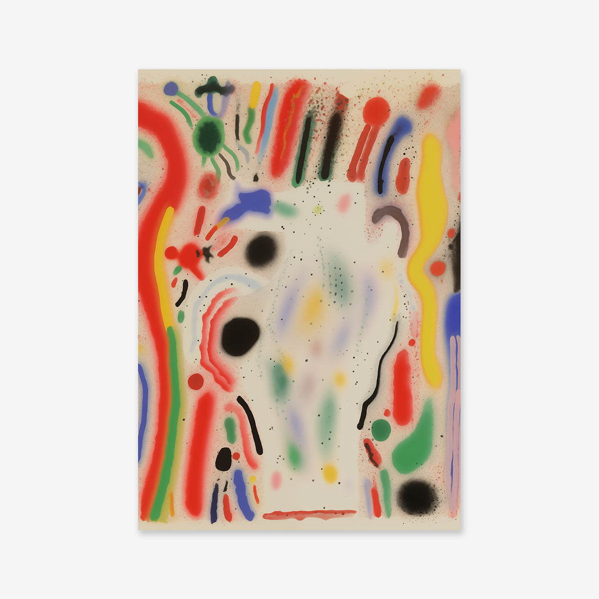 “Celebration No. 2” is a dynamic Giclée art print featuring colorful spray-painted lines, curves, and dots in red, green, blue, yellow, black, and pink on white—perfect for modern interiors.