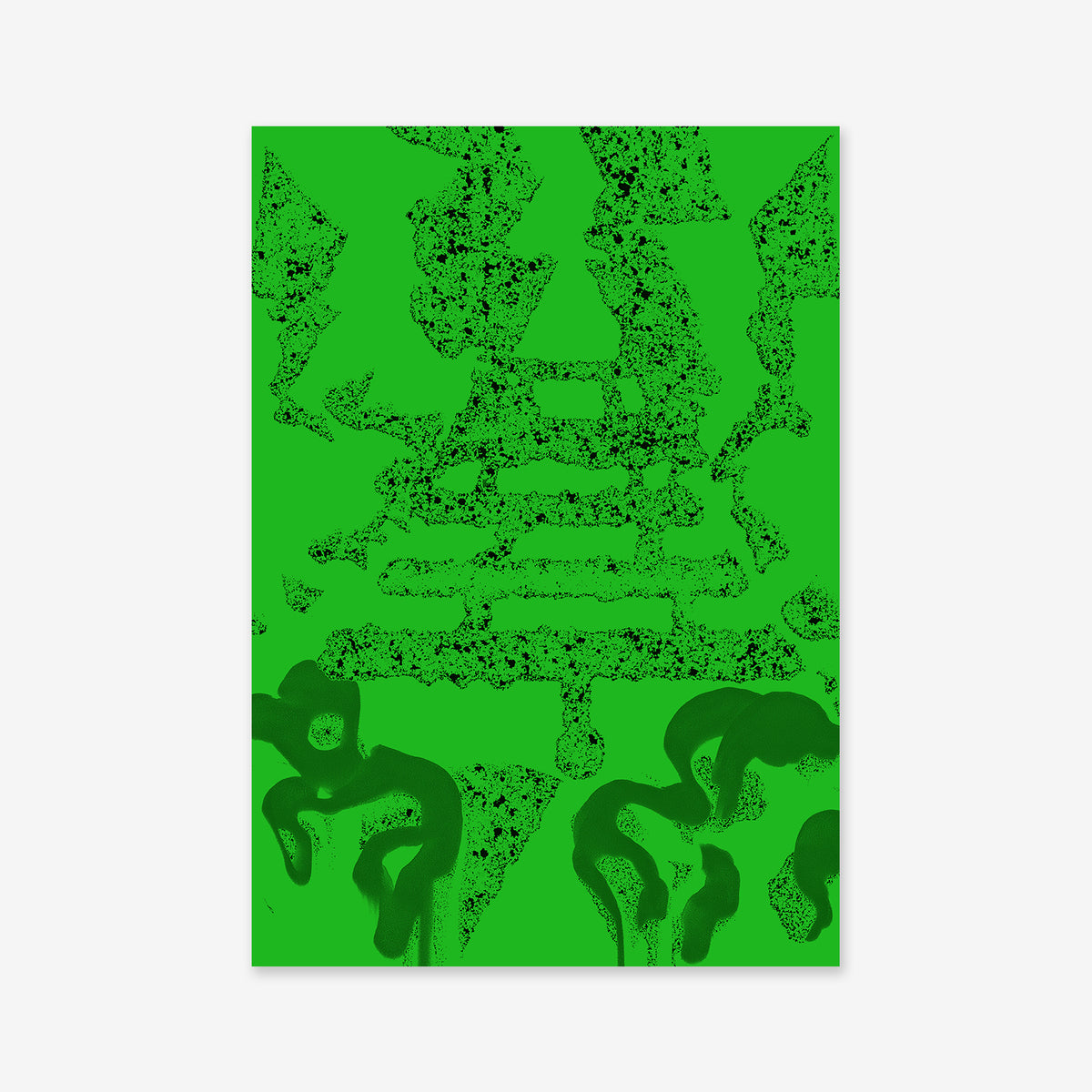 Chaotic features abstract art with a vivid green background, black speckles forming a layered pyramid, and dark green organic shapes at the base—ideal as a giclée art print for any modern space.
