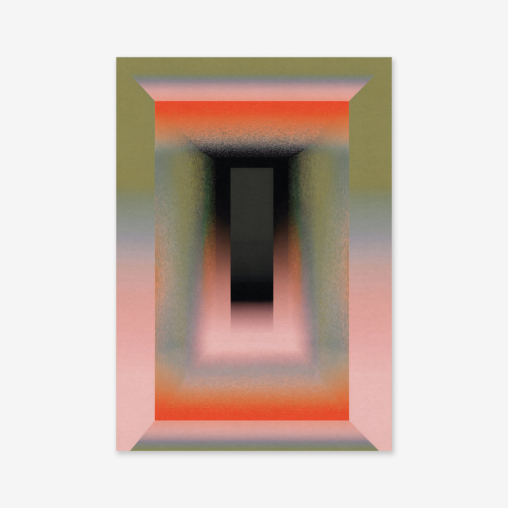 Chunky Doorway" is a geometric abstract giclée art print with a rectangular tunnel effect in olive green, pink, orange, and black. Printed on archival paper, it's perfect for adding depth and modern style to your interior.