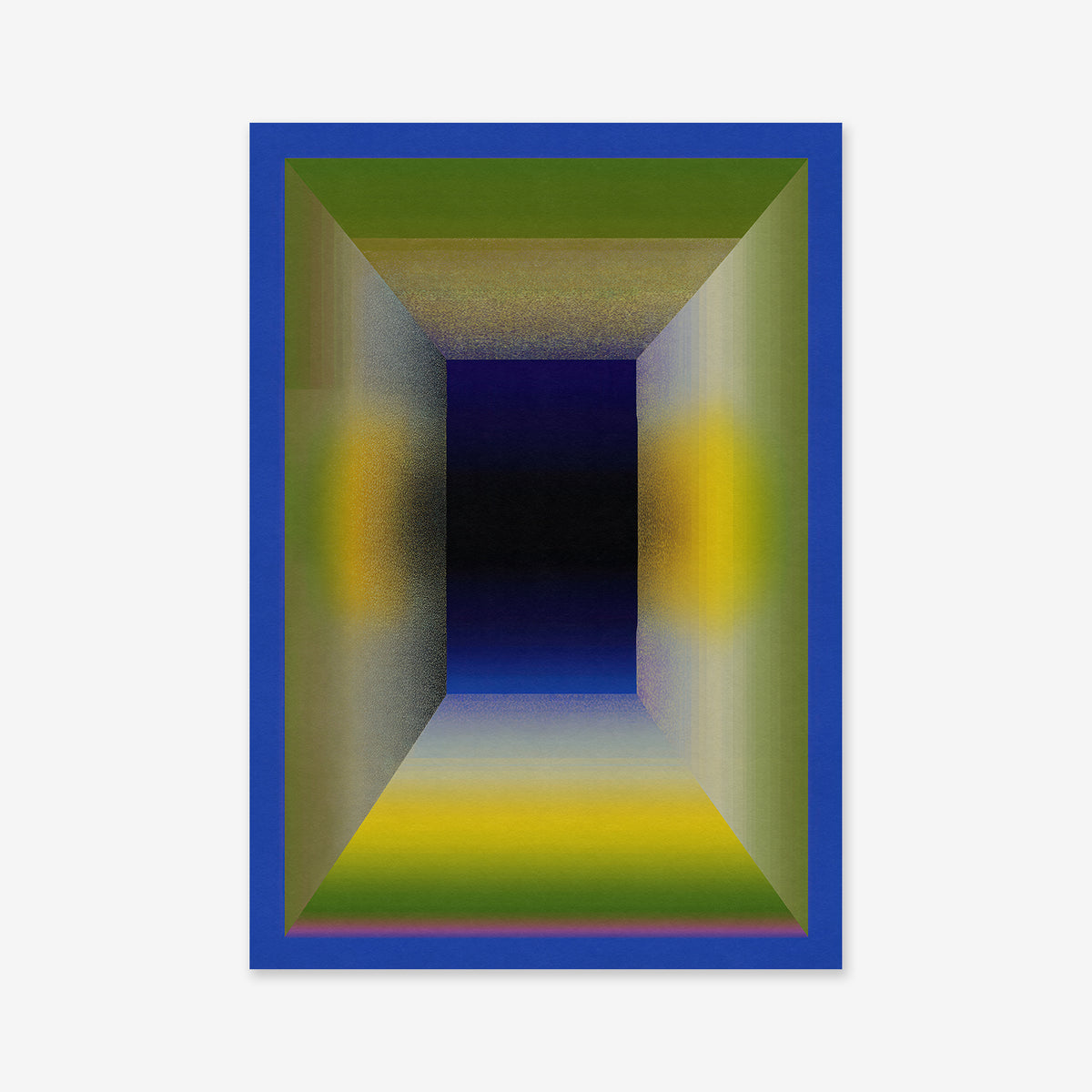 Abstract geometric artwork with a blue-bordered rectangular "Chunky frame," featuring gradients of green, yellow, and gray walls, and a dark center fading into black—ideal as a giclée art print for modern interiors.