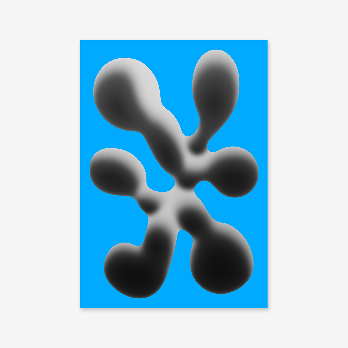 Chunky molecule No. 1 features an abstract black and gray organic blob with soft edges, centered on a bright blue rectangle—ideal as a giclée art print on matte archival paper for stylish modern interiors.