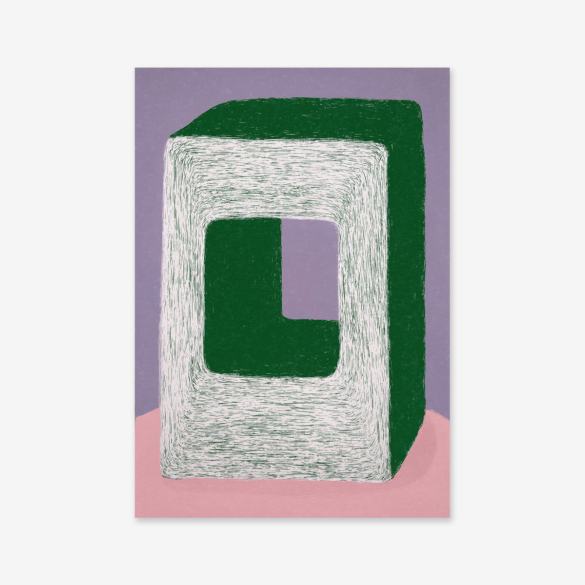 Abstract illustration of a rectangular green and white Cinder block with a hollow center, set against a purple background and pink floor. Textured lines add depth, making this giclée art print perfect for modern interior decor.