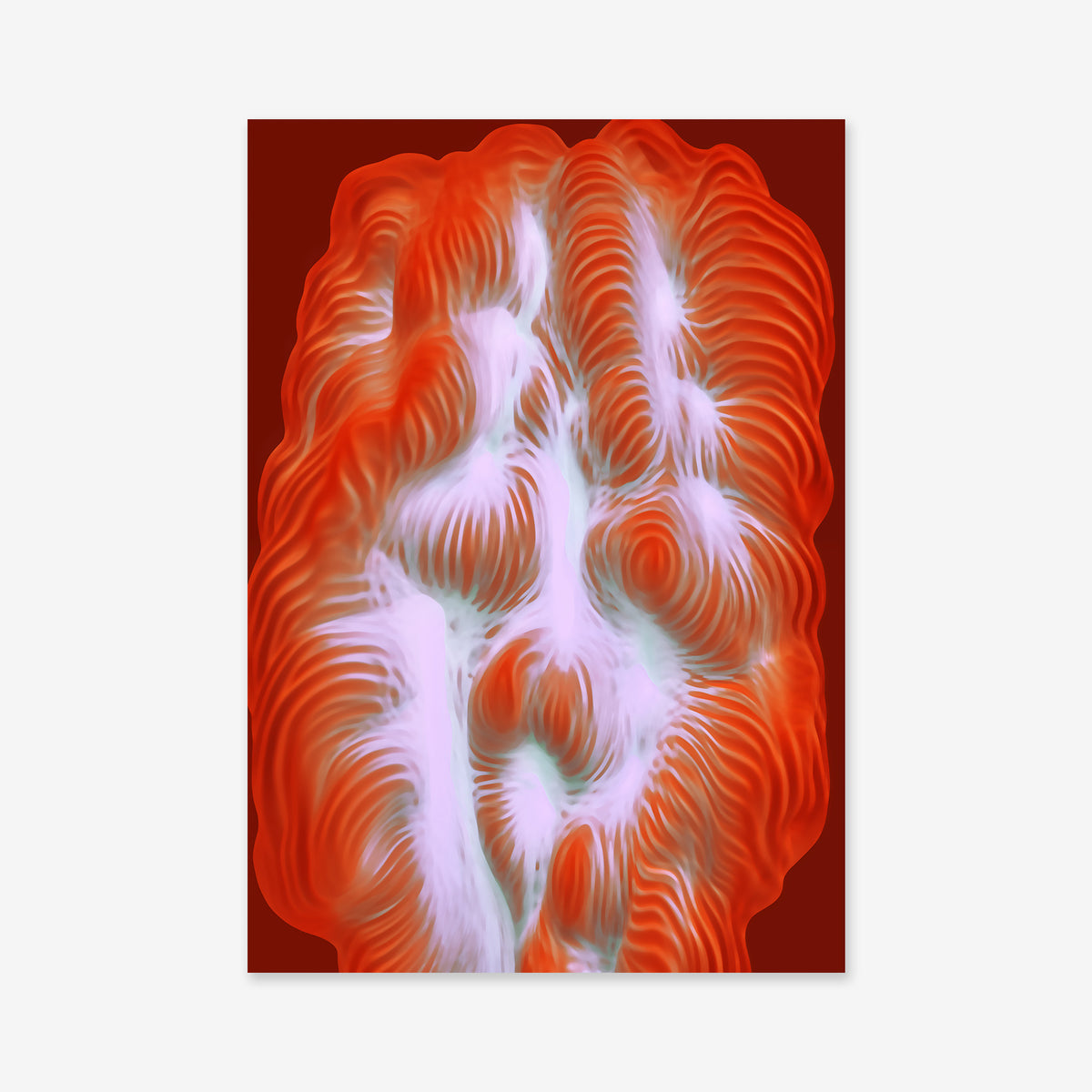 Close up No. 11: Abstract digital artwork with swirling red and white textures on a dark red background, evoking flowing forms—ideal as a Giclée art print to enhance any modern space.