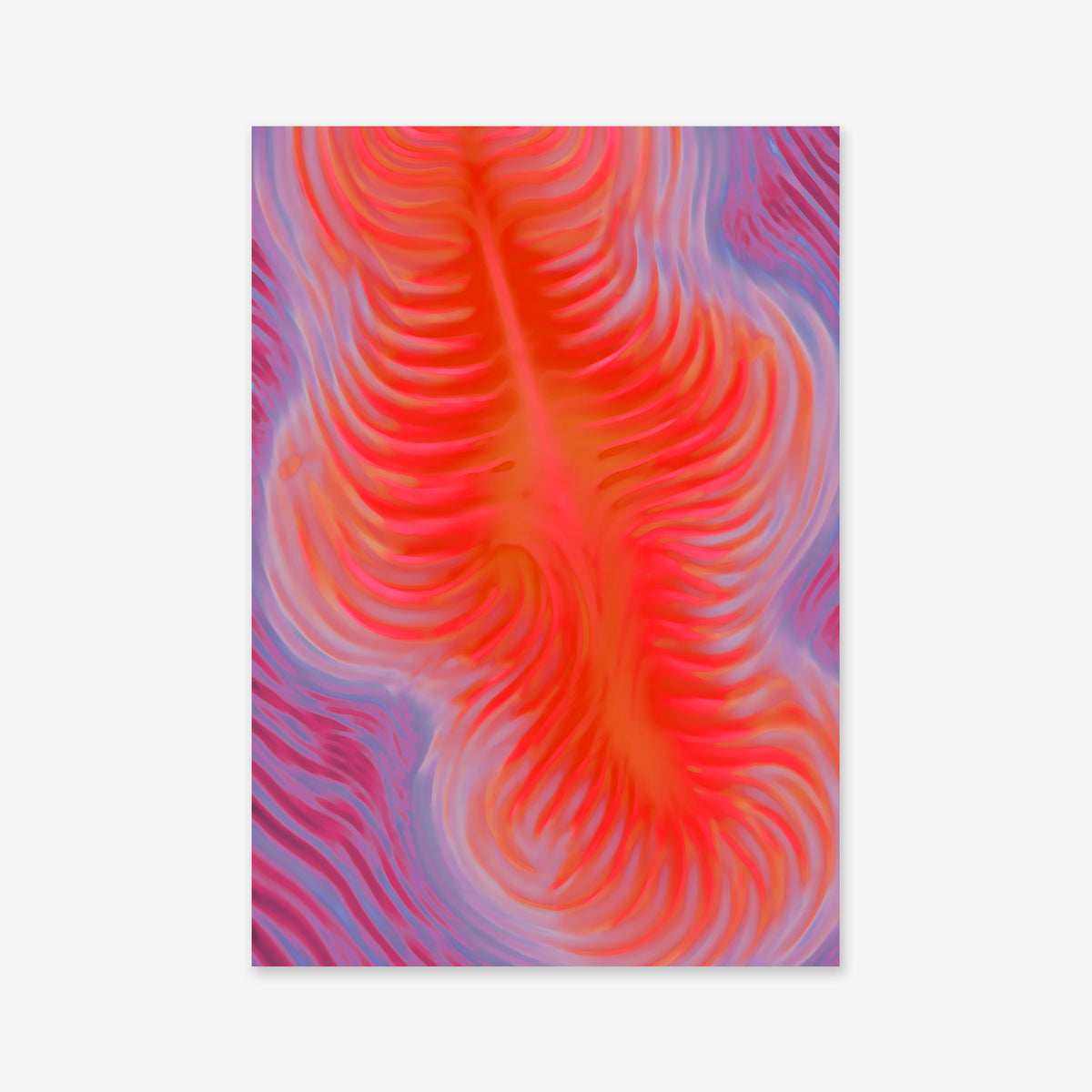 Close up No. 13 is a giclée art print featuring vibrant red and orange feather-like shapes swirling over a purple and blue curved line background, adding fluid motion and energy to any modern interior decor.