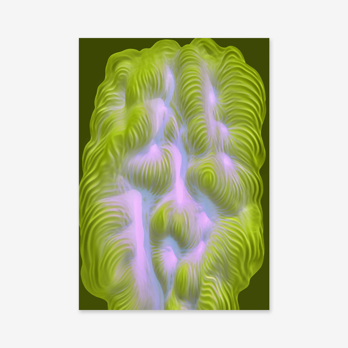 Close up No. 4: A digital artwork featuring an abstract, brain-like form with wavy green and purple textures on an olive background—perfect as a Giclée art print to enhance any modern interior.