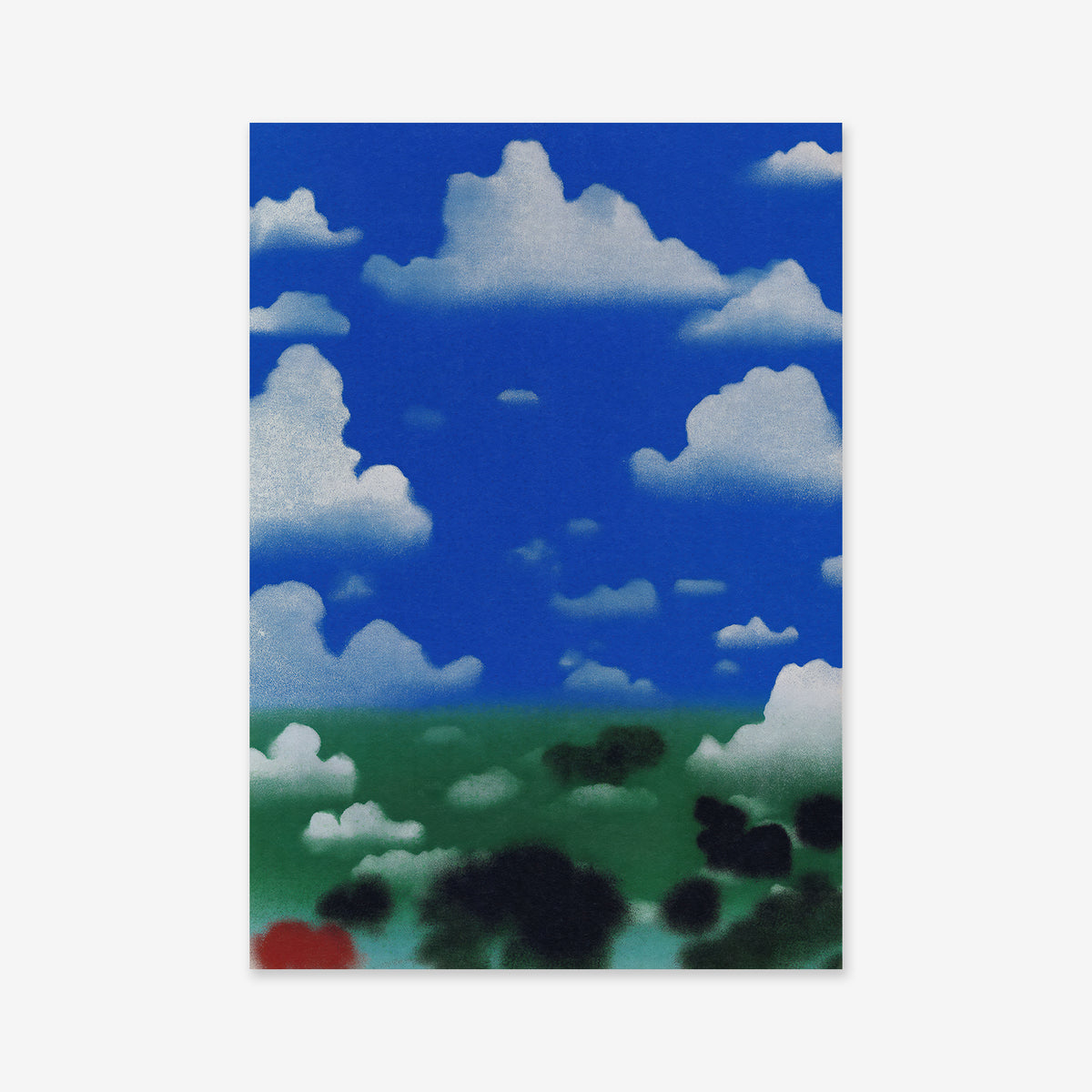 Clouds" captures a vivid blue sky with large, fluffy white clouds above a green landscape of blurred trees—a stunning Giclée art print on archival paper, ideal for enhancing any modern interior.