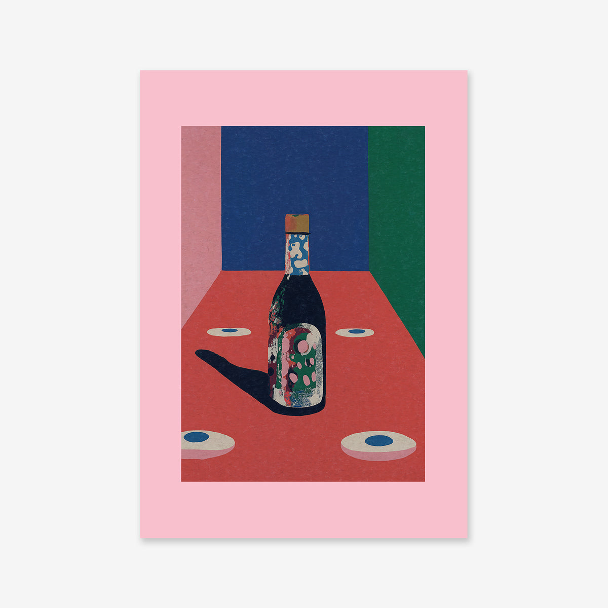 A stylized bottle with an abstract label sits on a red table with three small plates, casting a shadow. Modern pink, blue, and green walls surround the scene. A pink border frames the "Coaster defiant" Giclée art print.