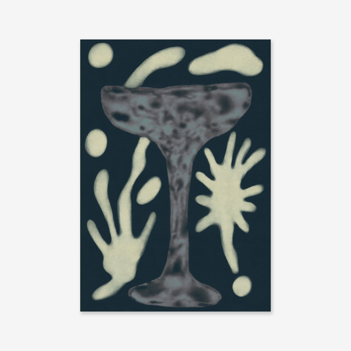 The 'Cocktail glass' giclée art print showcases a gray, textured cocktail glass centered among cream-colored shapes and dots on a dark blue background—an ideal piece for modern interior decor.