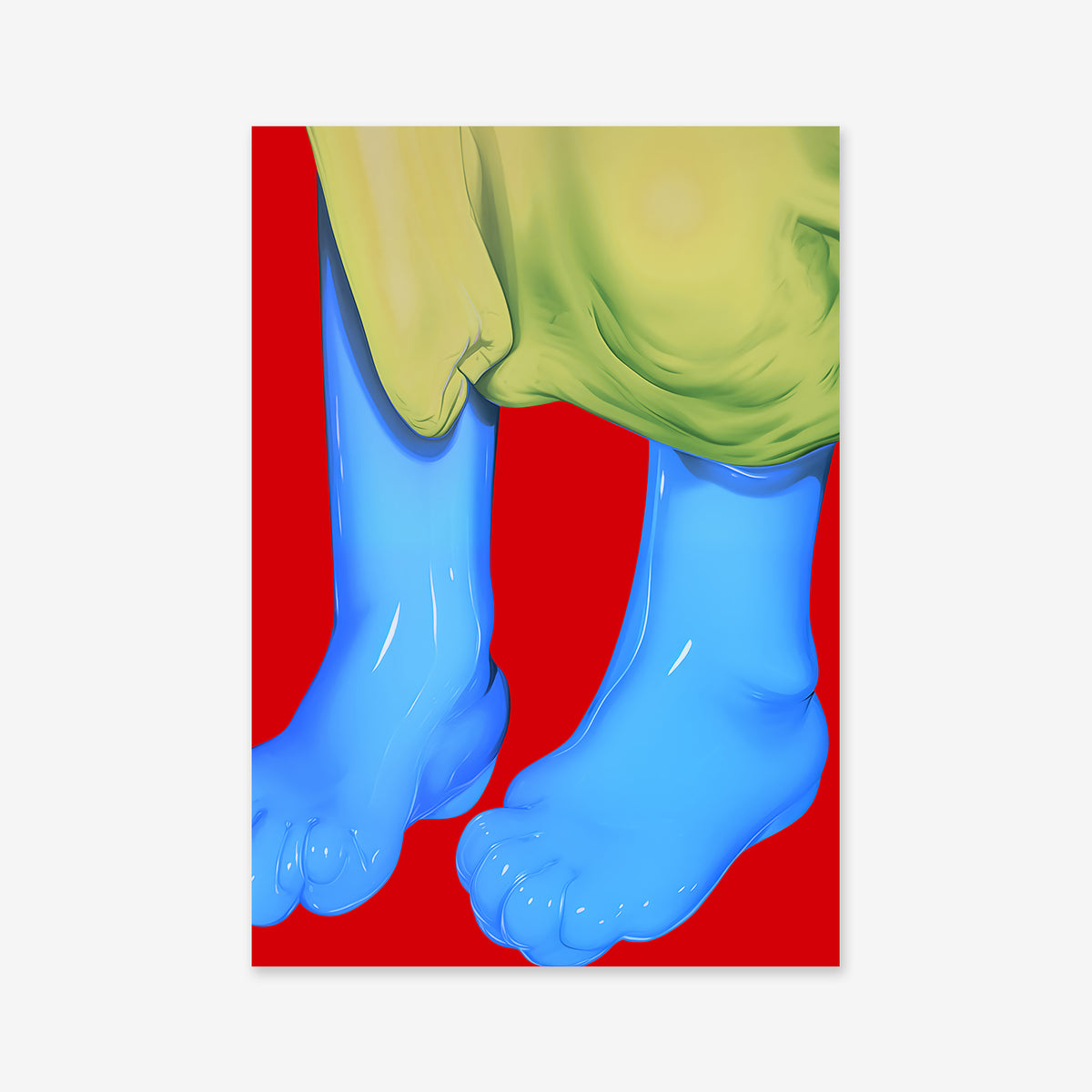 Cold feet" features two stylized blue feet with exaggerated toes beneath a yellow garment on a vivid red background—a surreal digital design perfect as a giclée art print for modern interiors.
