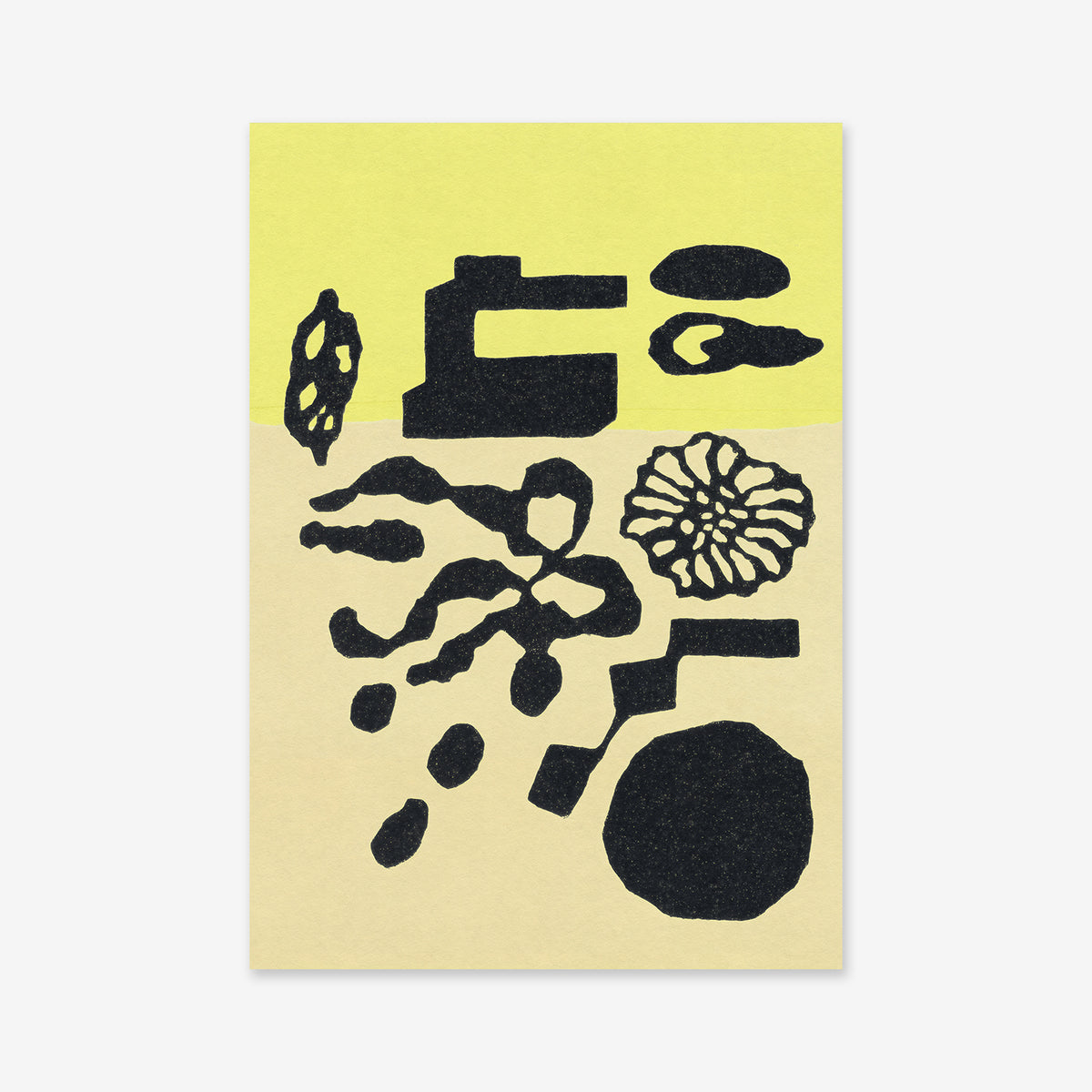 Collectables No. 3 is a Giclée art print featuring black organic and geometric shapes—squiggles, circles, and patterns—on a two-tone yellow and beige background. Printed on premium archival paper, it’s ideal for modern interiors.