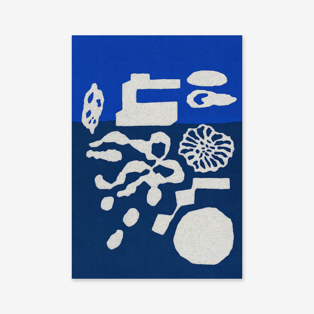Abstract art print with white shapes on a blue background