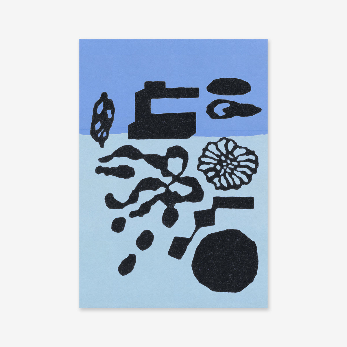 Collectables No. 5 is an abstract Giclée art print with irregular black blobs, lines, and geometric shapes on a background of contrasting light and dark blue—perfect for modern interior decor.