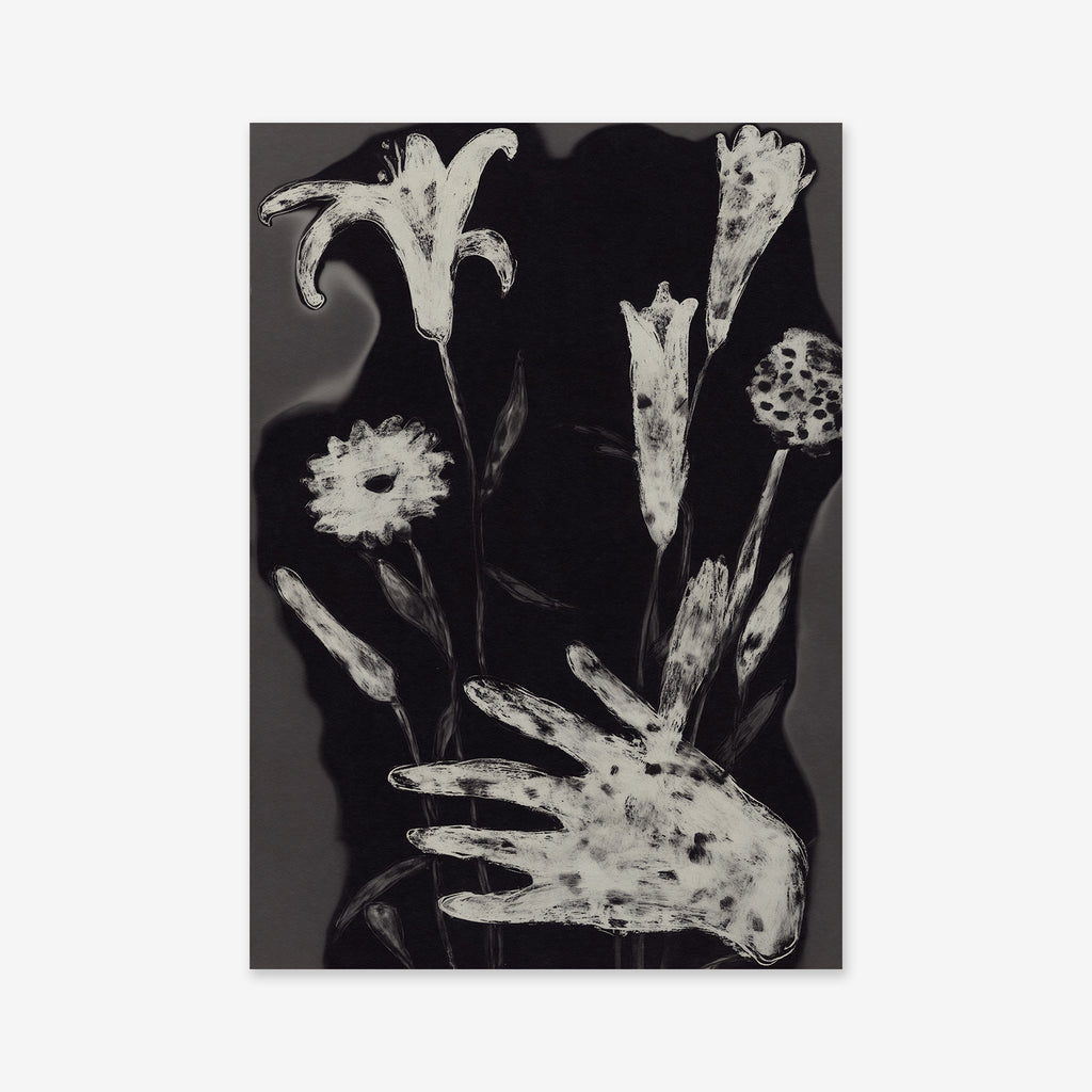 Collecting flowers" is a monochrome giclée art print featuring abstract flowers and an elongated-fingered hand in white tones on a dark background—ideal for modern decor.
