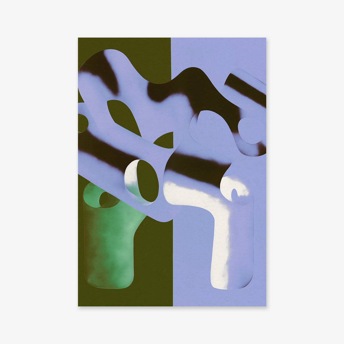 Construction" features abstract, organic cutout shapes in green, white, black, and purple. This high-quality Giclée art print brings fluid forms layered over split dark green and light purple to any modern interior.