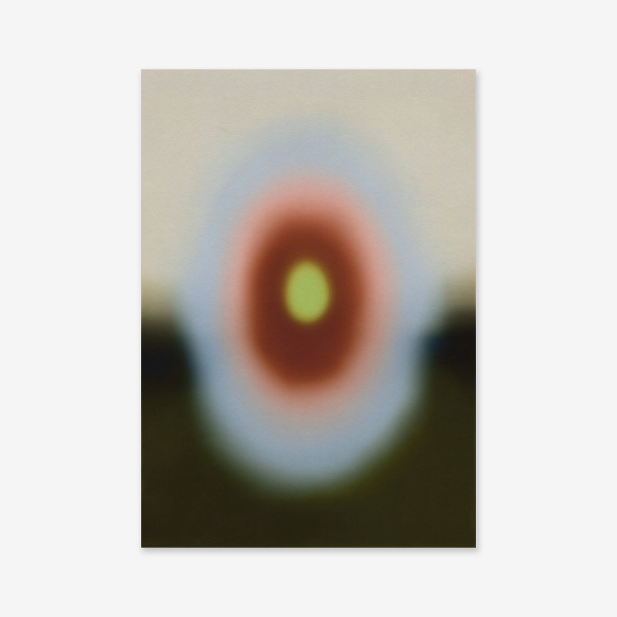Core features blurred, abstract concentric circles in yellow, red, and blue on a dark background. Soft edges and muted colors create a hazy glow—ideal as a Giclée art print to enhance any modern space.