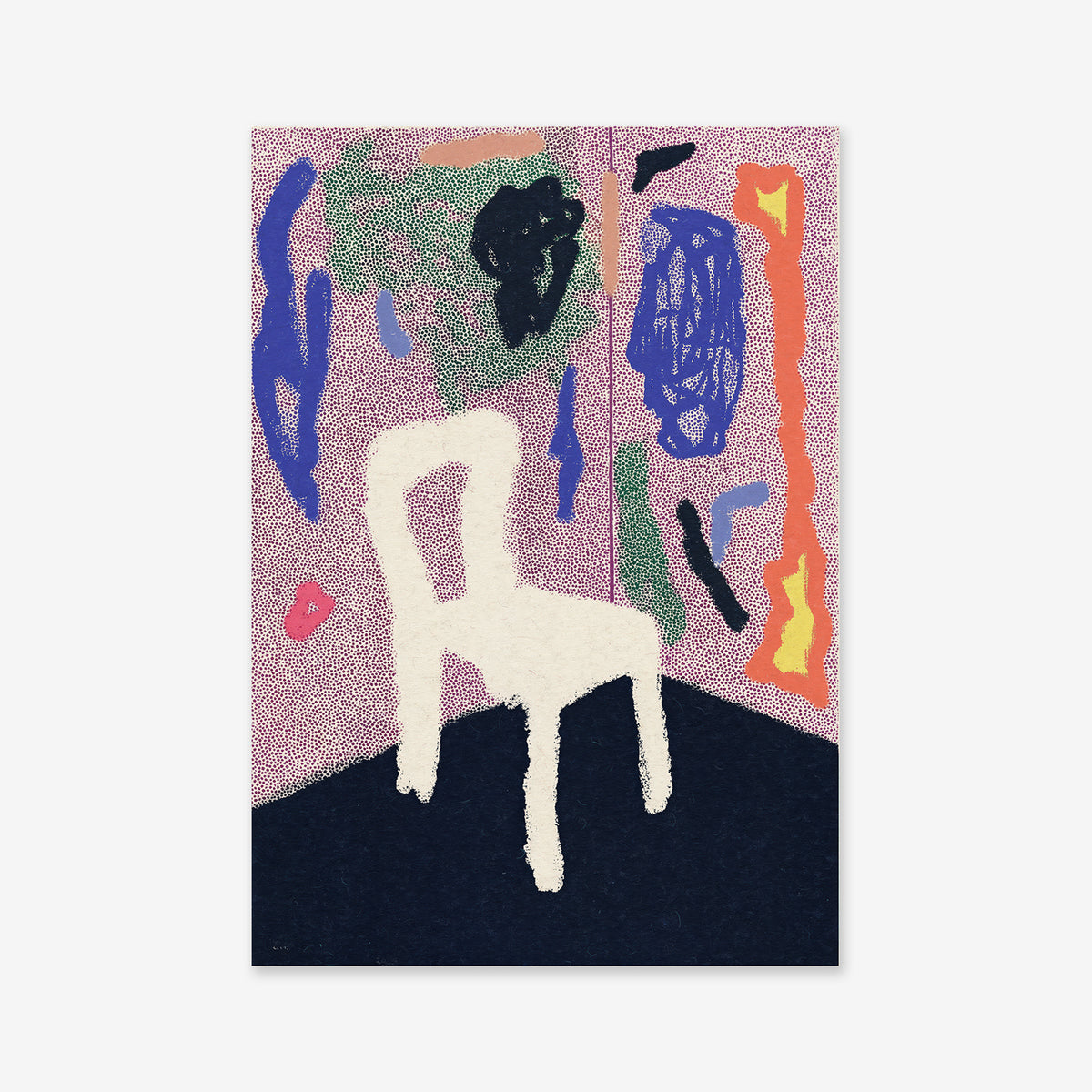 Corner of shame" is an abstract artwork featuring a white textured chair in a pink-walled corner, with dark floors and colorful shapes—ideal as a giclée art print to enhance any modern space.