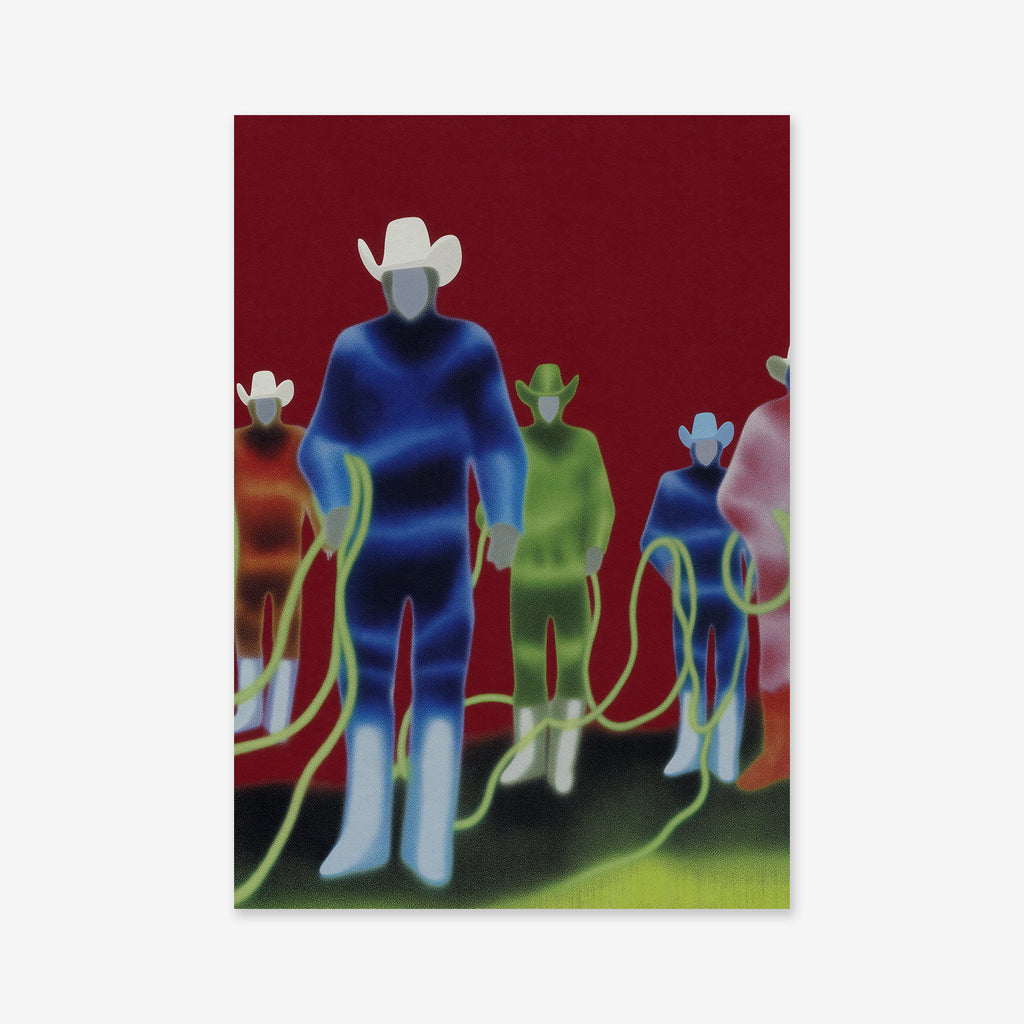 Cowboys" is a vibrant giclée art print featuring five faceless figures in cowboy hats and boots with ropes on a deep red background. Ideal for modern decor, it's available on matte archival paper.