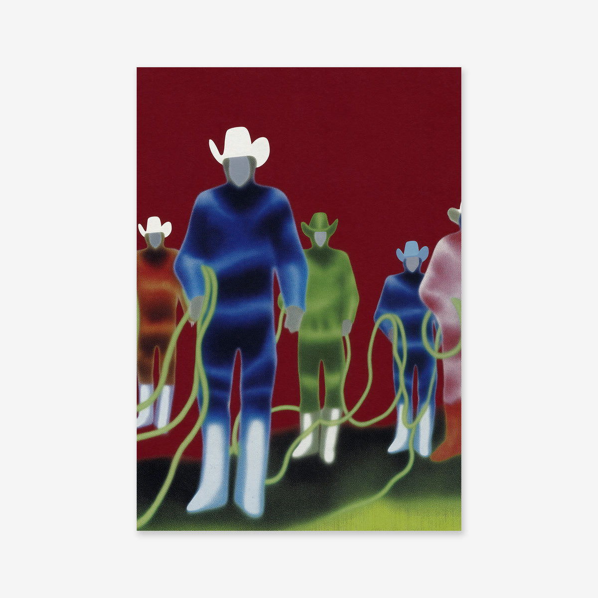 Colorful abstract painting of figures with cowboy hats on a red background