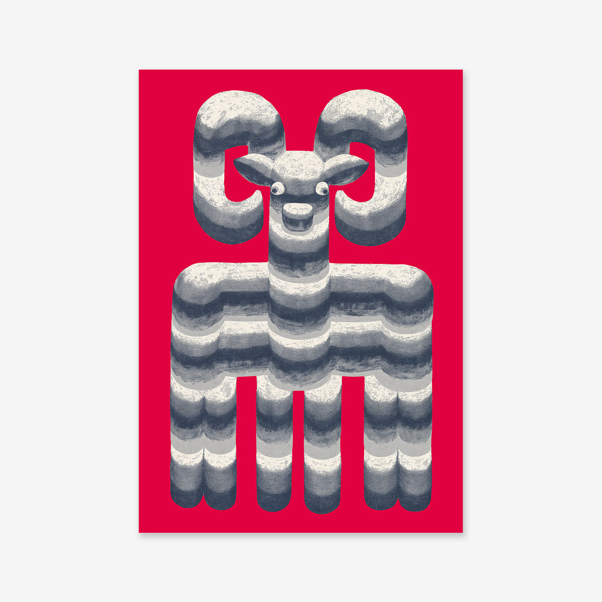 Crazy ram" features a stylized ram with large curved horns and striped gray-and-white body on a bright red background—ideal as a Giclée art print for modern interiors.