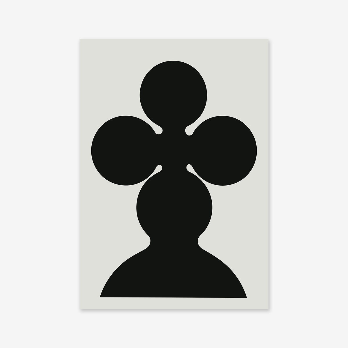 Cross features a minimalist black abstract shape on a light background, with three connected circles forming a clover above a curved pedestal base. Elevate any modern interior with this striking giclée art print.